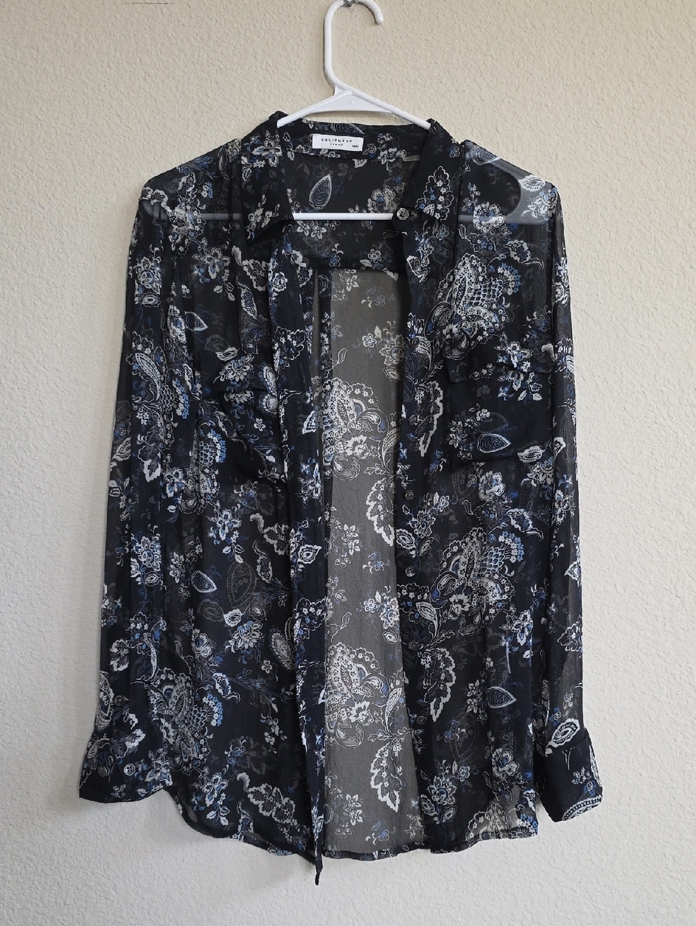 NEW Equipment Sheer Black Blue White Floral Button-Up Blouse 100% Silk Sz M